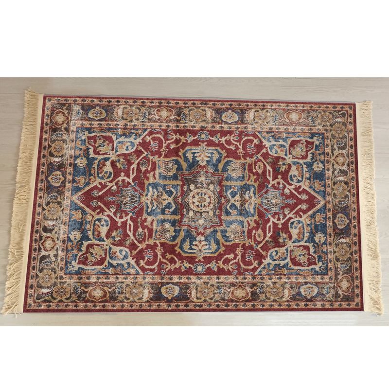 Red Traditional Carpet Antique Pattern Polyester Area Rug Fringe Non-Slip Backing Rug for Home Decor
