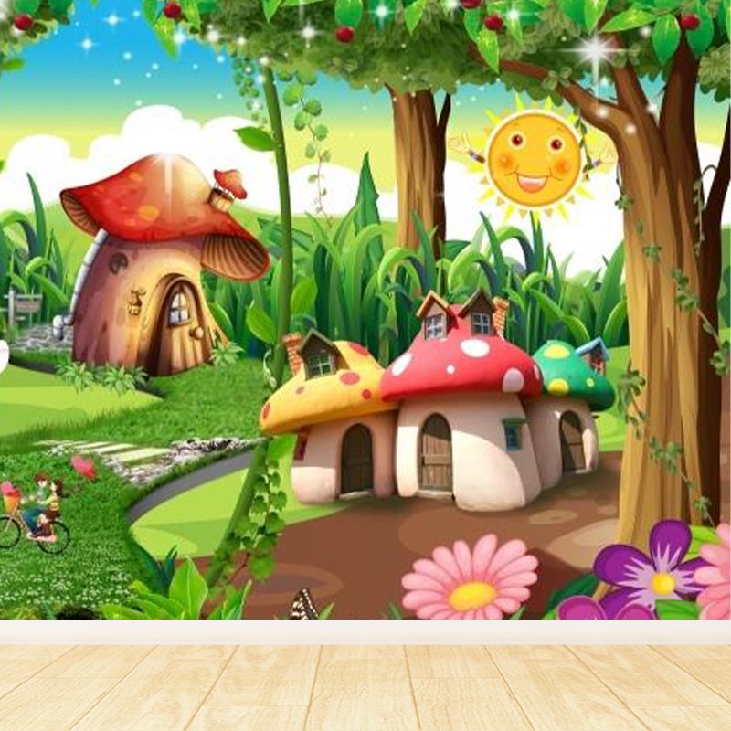 Forest Mushroom Houses Mural Wallpaper Green Cartoon Wall Decor for Child Bedroom