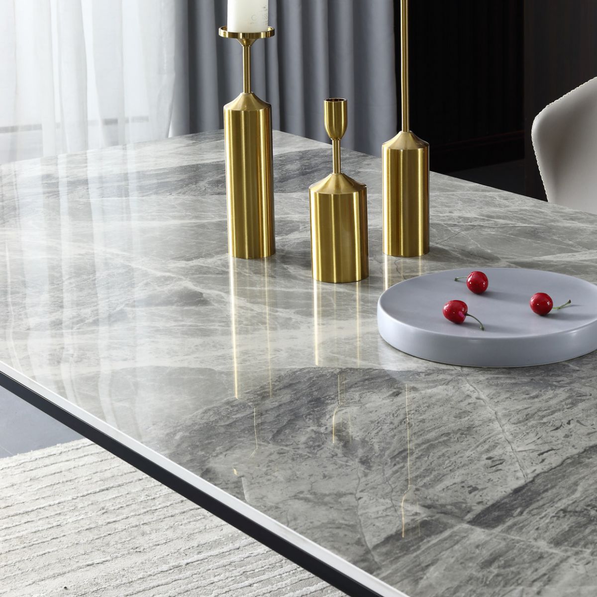 Glossy Gray Stone Dining Table Set 1/4/5/7 Pieces Modern Dinette Set for Kitchen