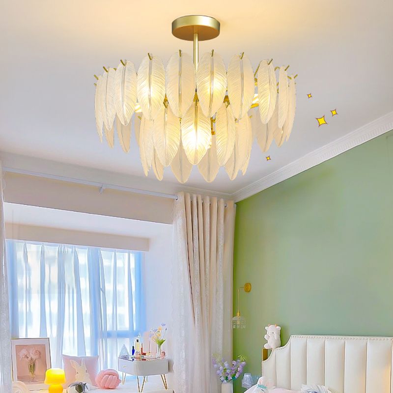 Gold Modern Metal Ceiling Light Feather Shape Island Lamp with Glass Shade for Living Room
