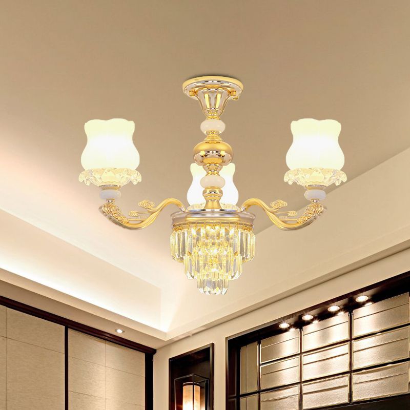 Cream Glass Flower Ceiling Flush Modern 3/6 Lights Bedroom Crystal Semi Flush Light in Gold