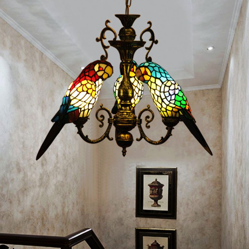 Luce a sospensione in ferro battuto nella luce del soffitto in vetro per pappagallo in stile artistico Tiffany per corridoio