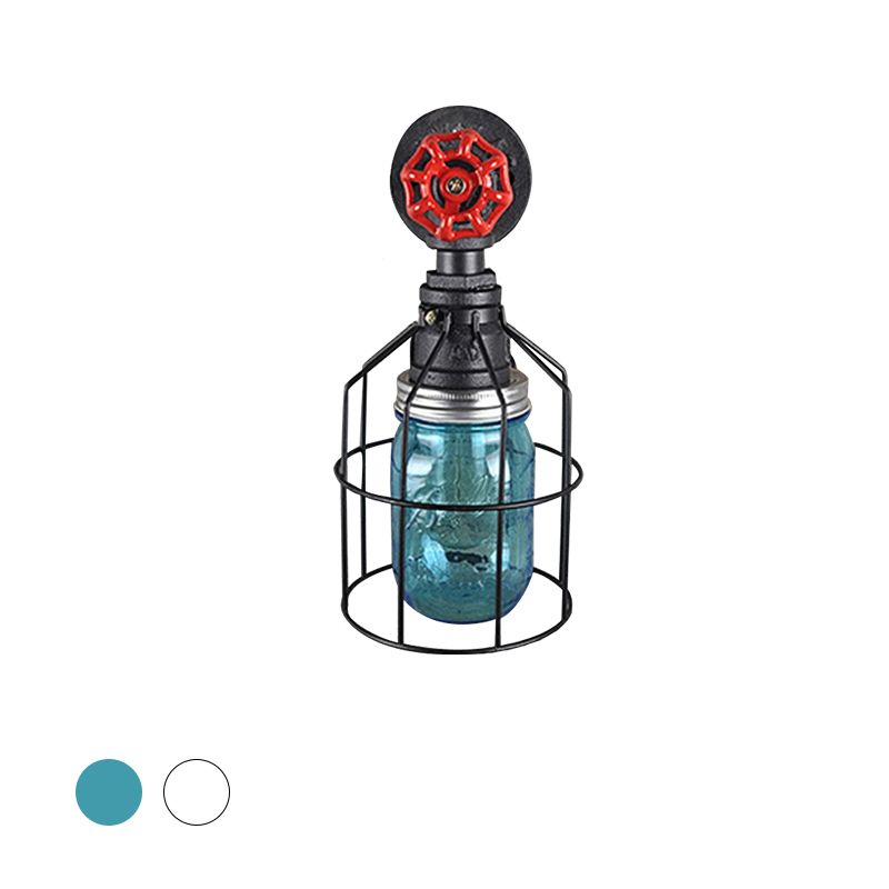 Vintage Caged Wall Light with Inner Jar Shade and Red Valve 1 Light Glass Sconce Lighting in Blue/Clear