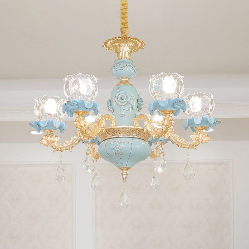 Flower Ribbed Glass Chandelier Lighting Classic Living Room Pendant Light with Crystal Draping in Blue