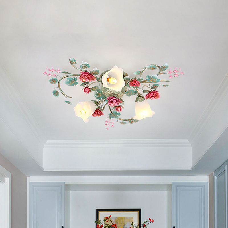 Verde Trenzado Semi-Luz Fija-Flor Coreana Vidrio Blanco 3/6 Bulbos De La Habitación Al Ras