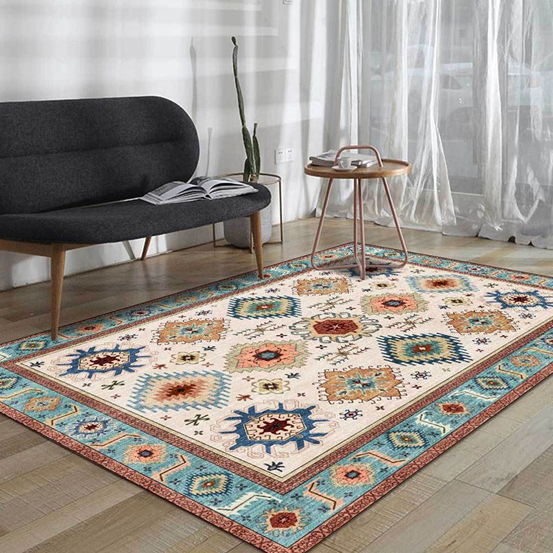 Vintage Tribal Print Rug Light Blue Americana Rug Polyester Machine Washable Anti-Slip Backing Carpet for Bedroom
