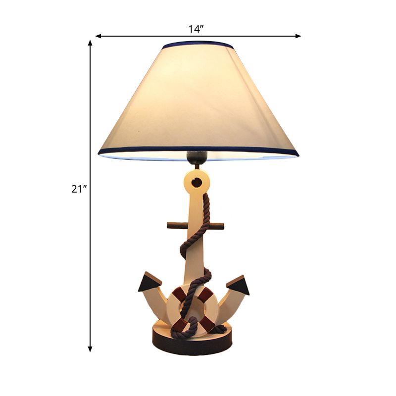 LifeBuoy / Rudder Wooden Table Light Kids Light Blue Blue Nightstand Lampe avec une teinte en tissu conique