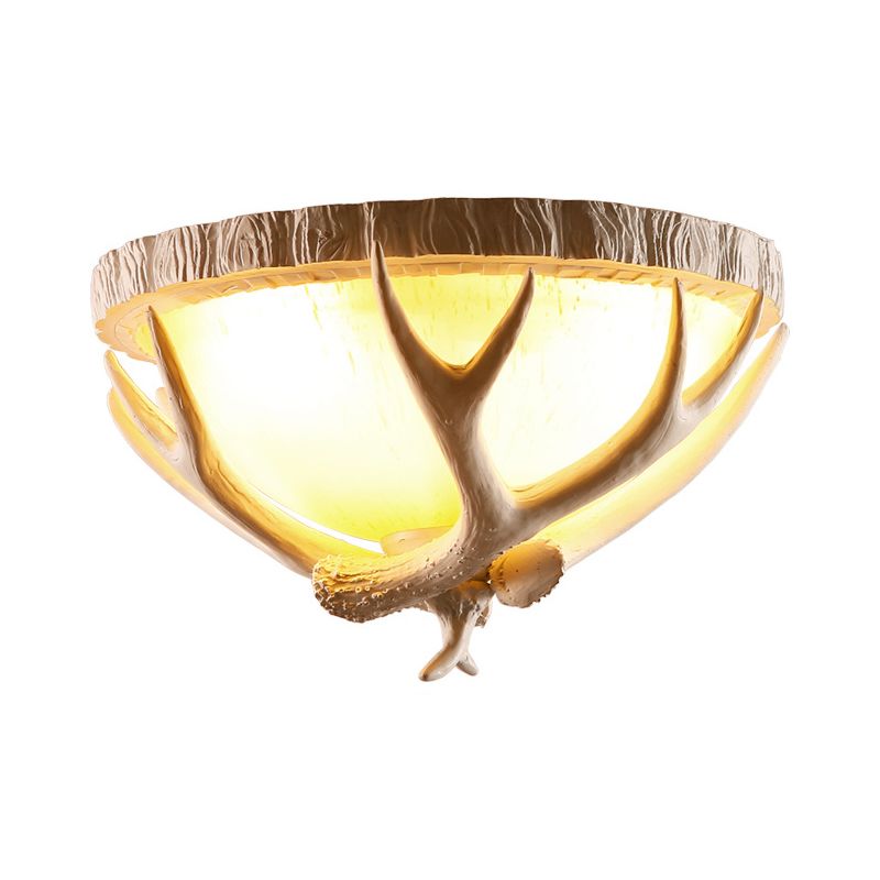 Dome Shaped Living Room Flush Mount Traditional Resin 3 Lights Brown Ceiling Light Fixture with Antler Deco
