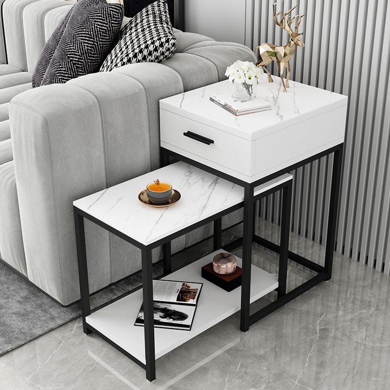 Contemporary Living Room Sofa Side Table Stone Top End Table with Drawer and Shelf