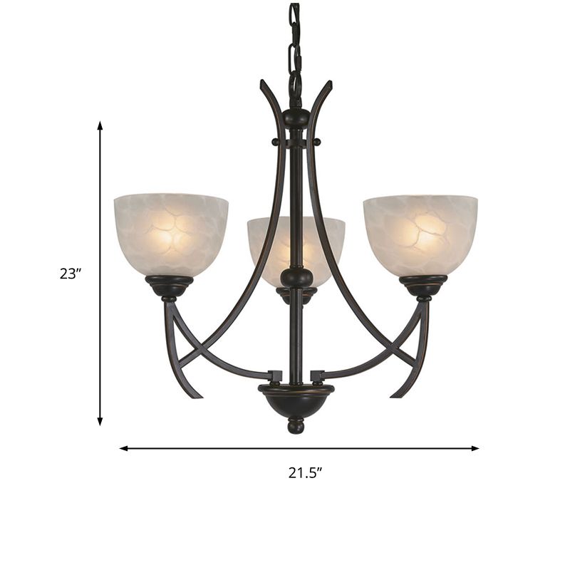 Bowl Living Room Pendant Chandelier Traditional White Cloud-Like Frosted Glass 3 Lights Bronze Hanging Fixture