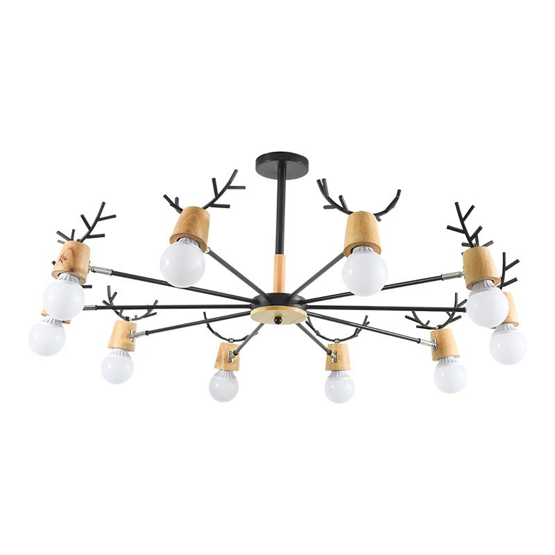 Modern Wooden Simplicity Chandelier Exposed Bulb Design Creative Bedroom Hanging Pendant Lights with Antlers Decoration
