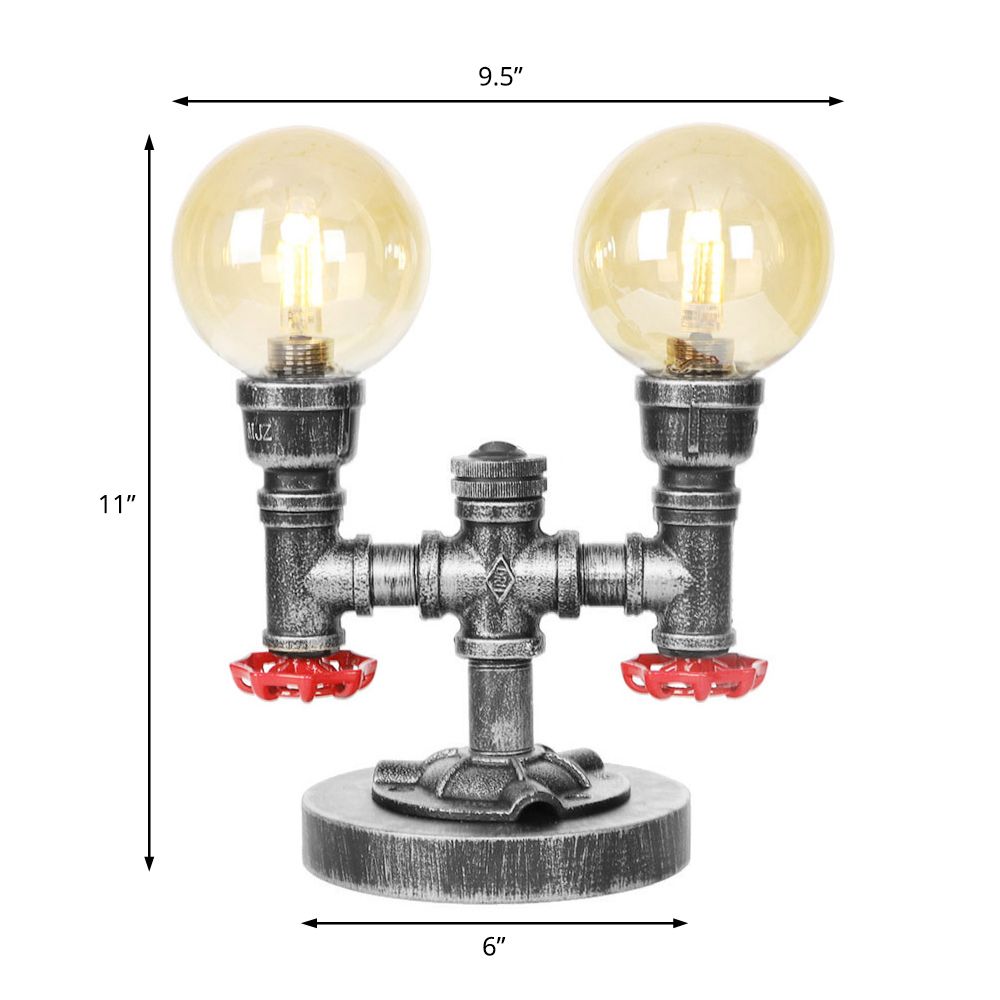 Lámpara de mesa industrial con pantalla redonda, 2 luces, luz de escritorio de vidrio transparente/ámbar en plata antigua con base