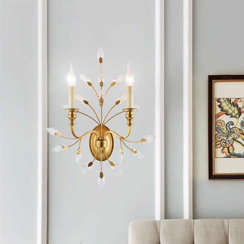 Rustic 2 Light Wall Mount Light with Crystal Leaf Decoration Brass Branch Wall Mount Light