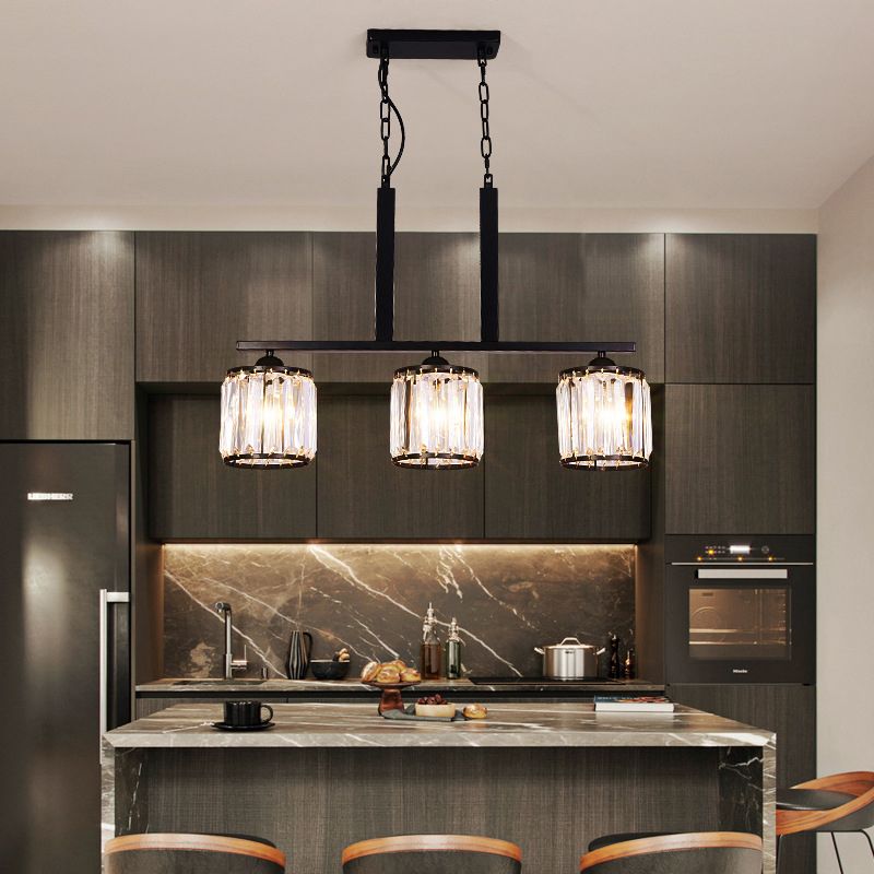 3-Light Cylindrical Island Pendant Rustic Black Prismatic Crystal Ceiling Pendant over Table