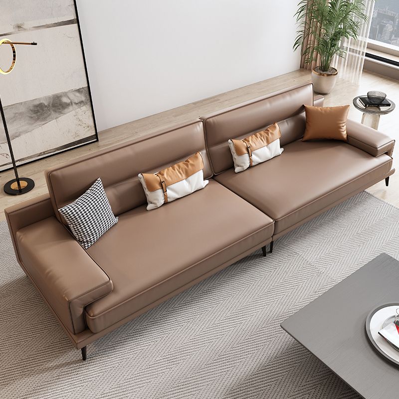 Modern Sewn Pillow Back Cushions Sofa Genuine Leather Square Arm Sofa in Brown