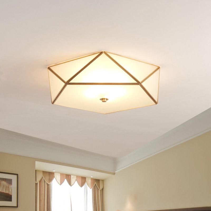 Beveled Box Hotel Flush Mount Frosted White Glass Single Post-Modern Ceiling Light in Gold, 14"/18" Width