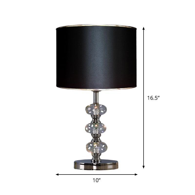 Traditional Barrel Nightstand Lighting 1-Light Fabric Reading Lamp in Black/Silver/Gold with Crystal Column