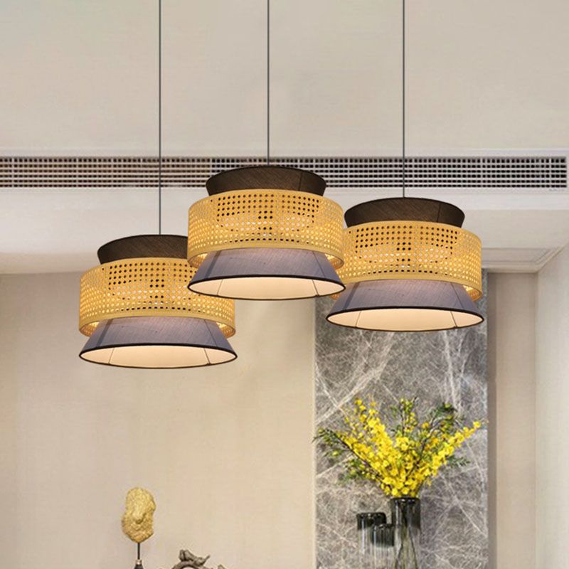 Novelty Asian Hourglass Pendant Lamp Bamboo Single Dining Room Ceiling Light with Mesh Screen in Beige