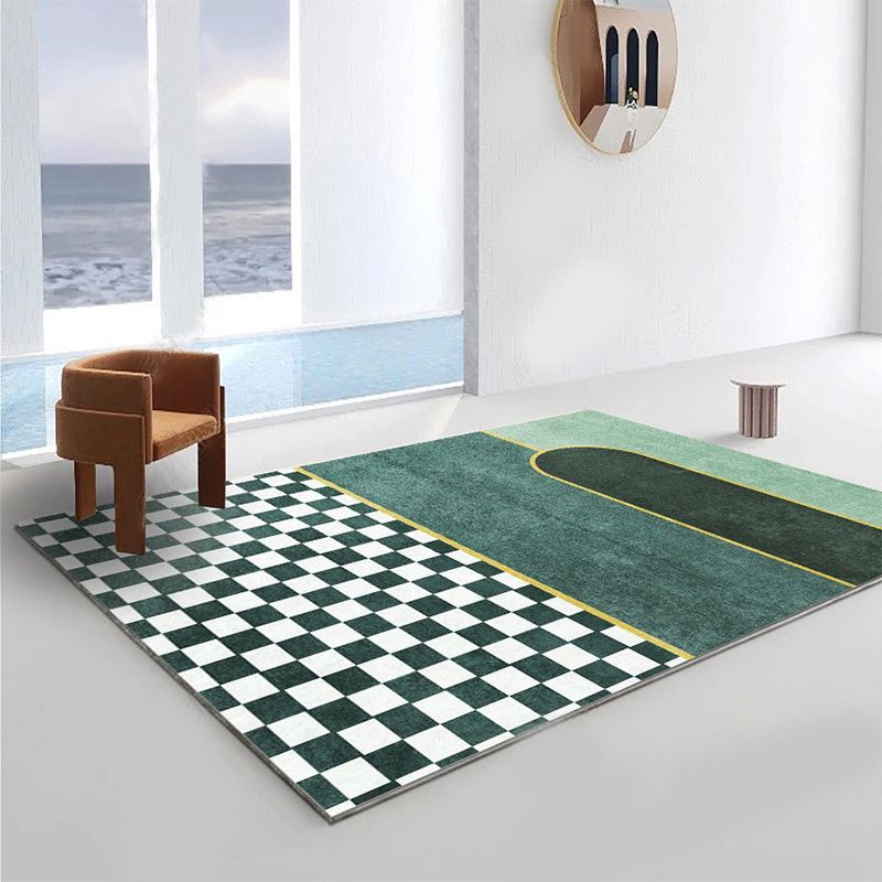Green Modern Indoor Rug Polyester Grid Rug Non-Slip Backing Rug for Home Decor