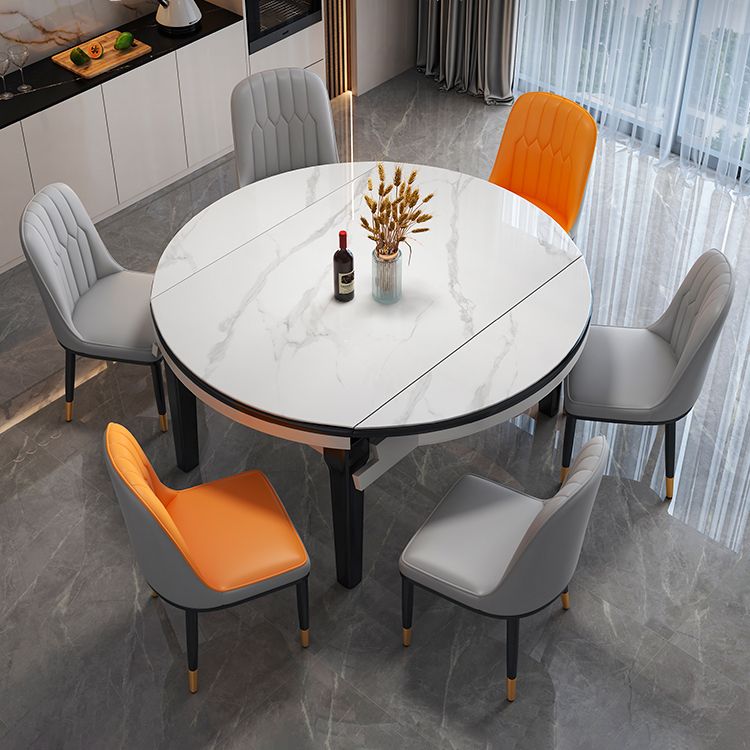 Modern Round Expandable Retractable Stone Top Dining Table with Black Wood Base