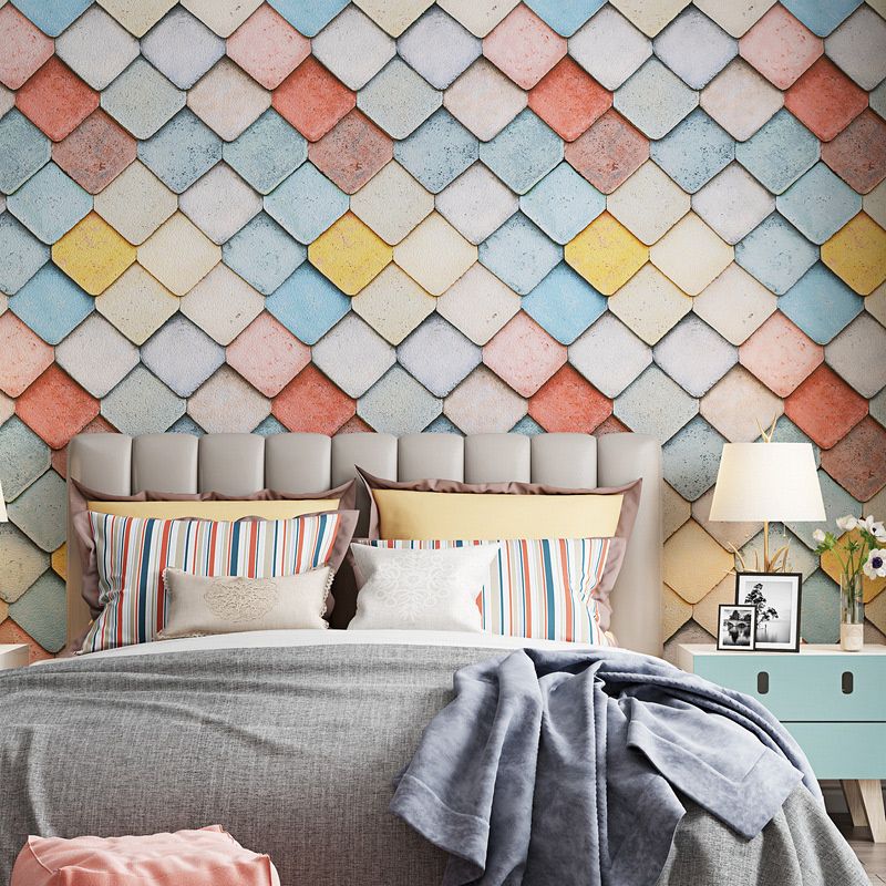 Multicolored Fishscale Wallpaper Roll Waterproof Contemporary Parlor Wall Covering