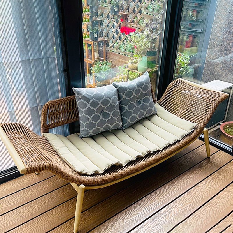 Traditional Rattan Cushioned Yoga Chaise Lounge Chair with Arms and Pillow Accent Chair