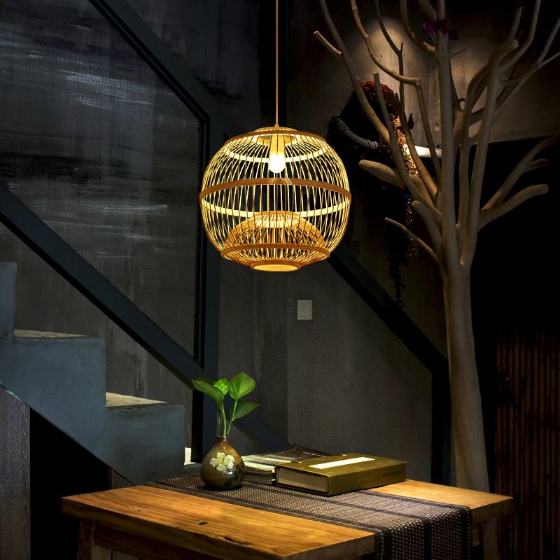 Bamboo Globe Suspension Light Simplicity 1-Light Wood Pendant Light Fixture for Restaurant