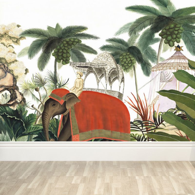 Big Elephant and Trees Mural Wallpaper Ornamental Tropical Dining Room Wall Decor