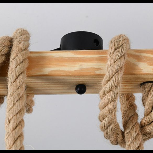 Vintage Hemp Rope Chandelier Indsutrial Retro Linear Wood Pendant with Wire Cage for Restaurant