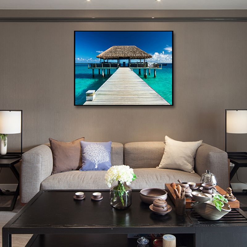 Seaside Bridge Scene Canvas Wall Art Modern Textured Room Wall Decor in Light Color