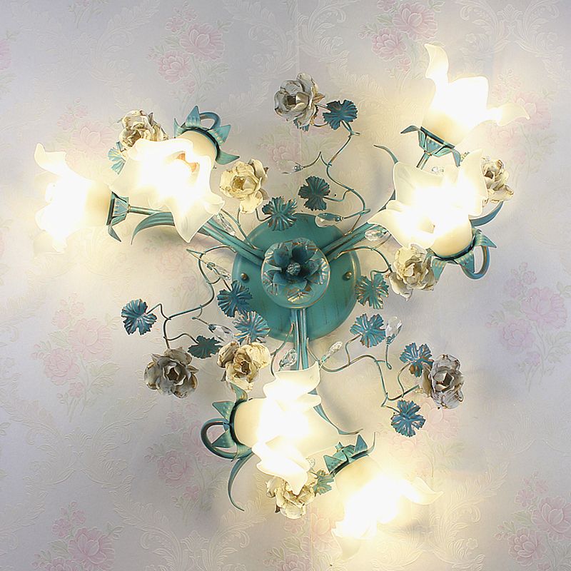 Blue 6/8 Bulbs Semi Flush Ceiling Light Pastoral Style Flower Frost White Glass Ceiling Lamp for Bedroom