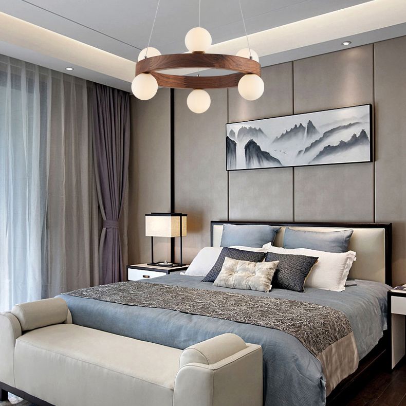 Nordic Minimalist Circular Chandelier Lamp Wood Hanging Pendant Lights for Restaurant