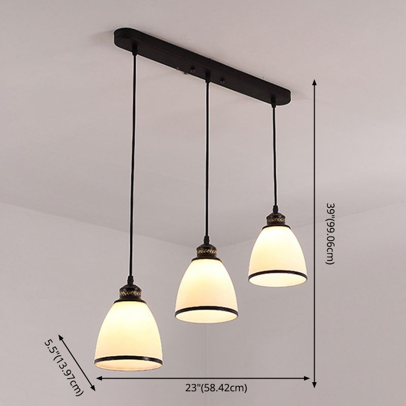 Lumière pendante noire à 3 légers en dôme en fer forgé moderne lampe suspendue avec une teinte en verre