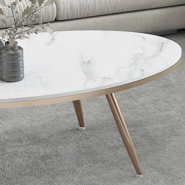 White Oval Stone Top Coffee Table with 4 Iron Legs Single Coffee Table