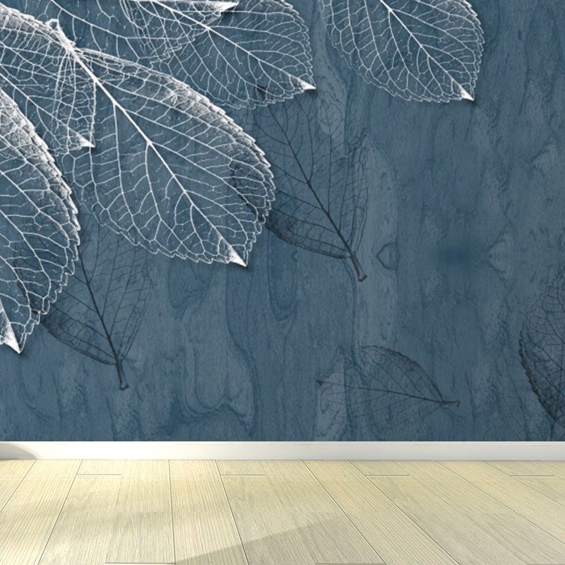 Large Leaves Pattern Mural Wallpaper Tropical Luxuriant Botanical Wall Decor in Grey Blue