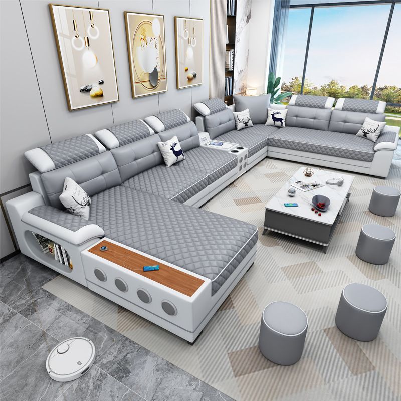 French Country Faux Leather Sectional Sofa with Pillow Top Arms