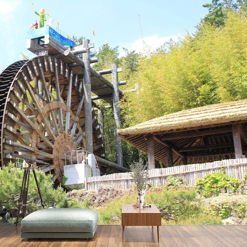 Photography Country Mural Wallpaper with Water Mill Painting for Decoration
