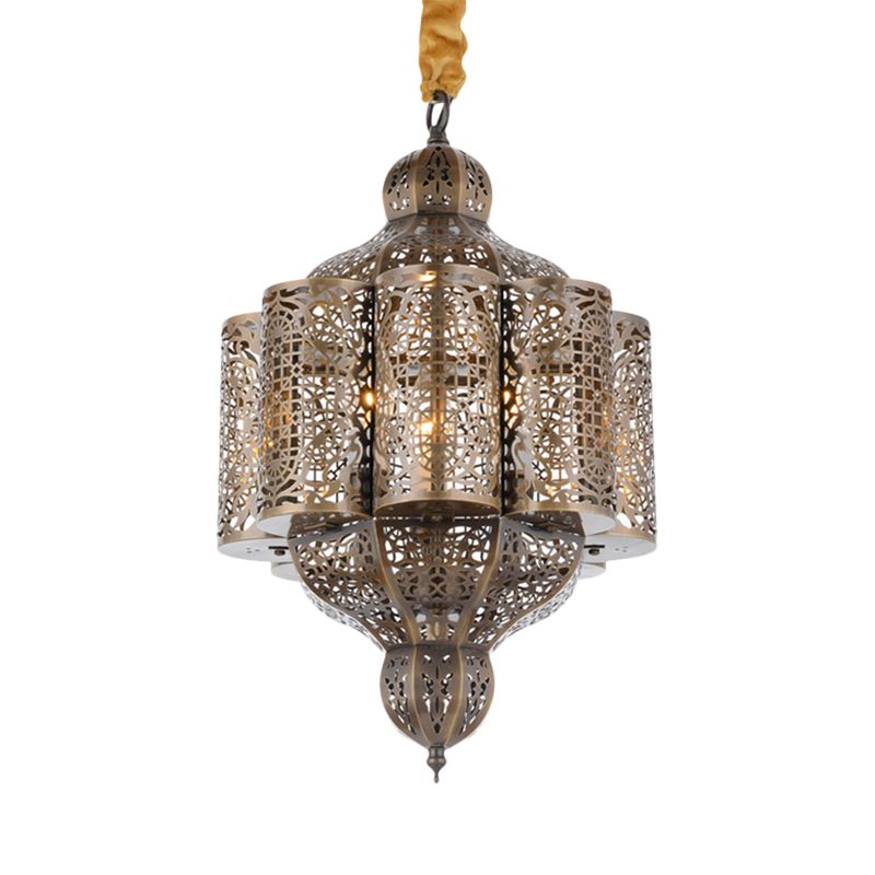3 Lights Metal Hanging Chandelier Vintage Brass Castle Shape Living Room Suspension Lamp with Hollowed Out Design