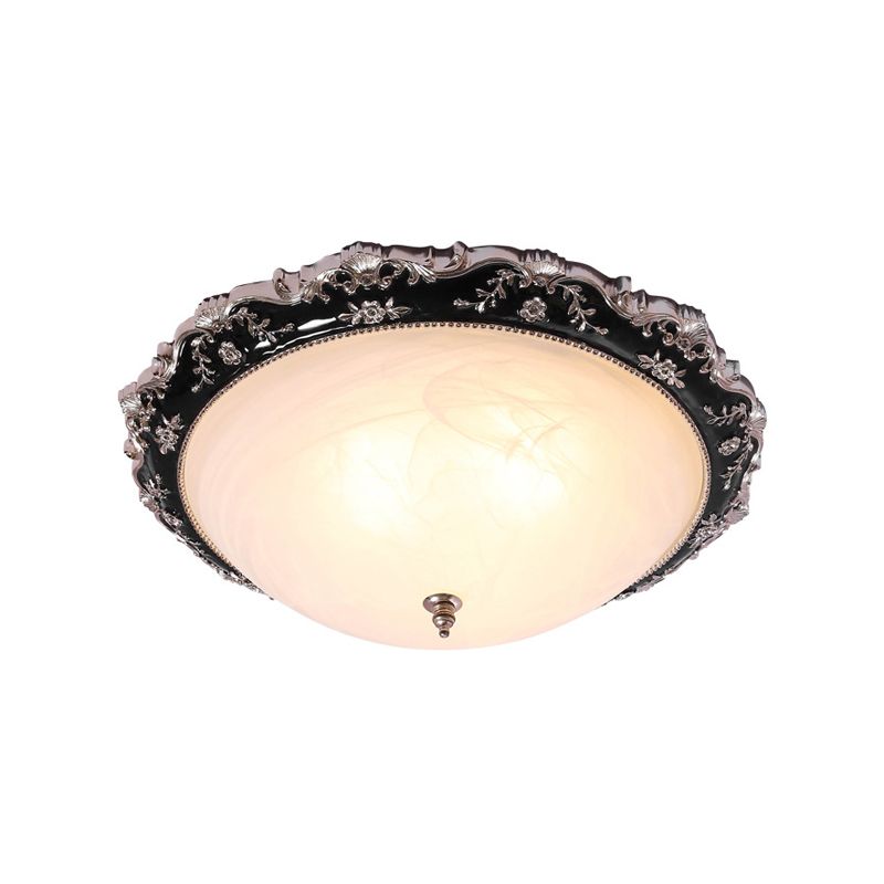Opal Glass Bowl-Like Ceiling Light Fixture Countryside 1/2-Bulb 14"/19.5" Wide Bedroom Flush Mount Lighting in Black and Gold