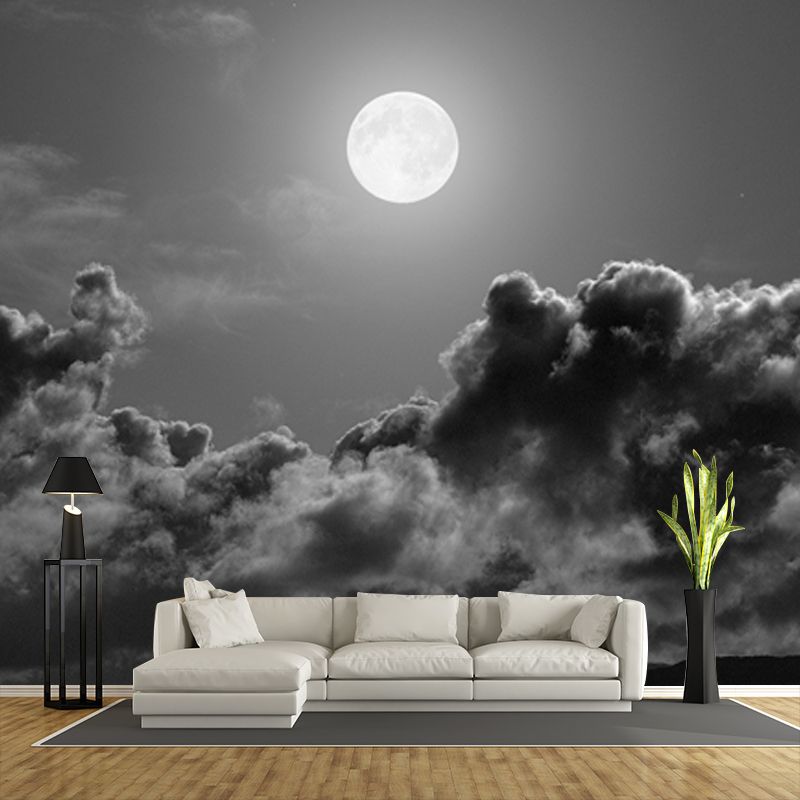Grey-Black Modern Wallpaper Mural Huge Full Moon Above Cloud Sea Wall Covering for Home