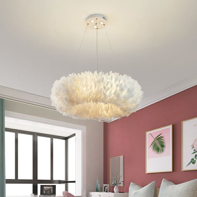 Round Shaped Ceiling Lighting Simplicity Feather Girls Bedroom Hanging Lamp in White