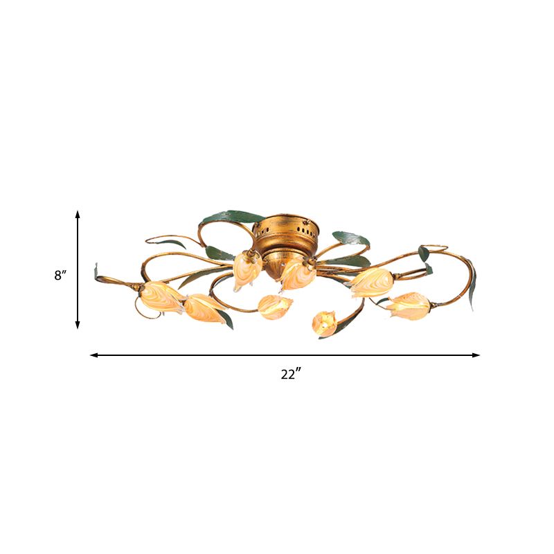 8/15 Heads Ceiling Mounted Fixture American Garden Bedroom LED Semi Flush Light with Tulip Frosted Glass in Brass