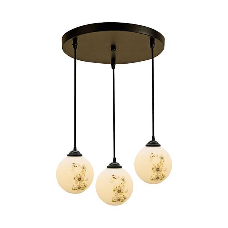 Black Sphere Multi Ceiling Lamp Modernism White Printing Glass 3-Light Dining Room Pendant with Round/Linear Canopy