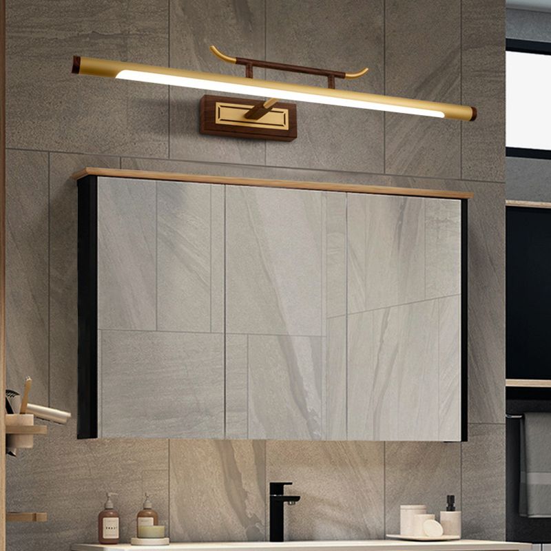 Brass Straight Mirror Light Chinese Style Single Light Wall Lamp for Bathroom