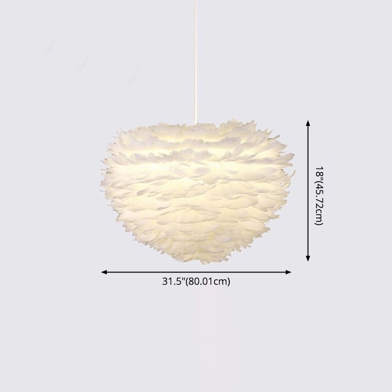 Romantic Heart Shaped Hanging Light, Feather Shade Single-Bulb Pendant Lighting in White for Bedroom