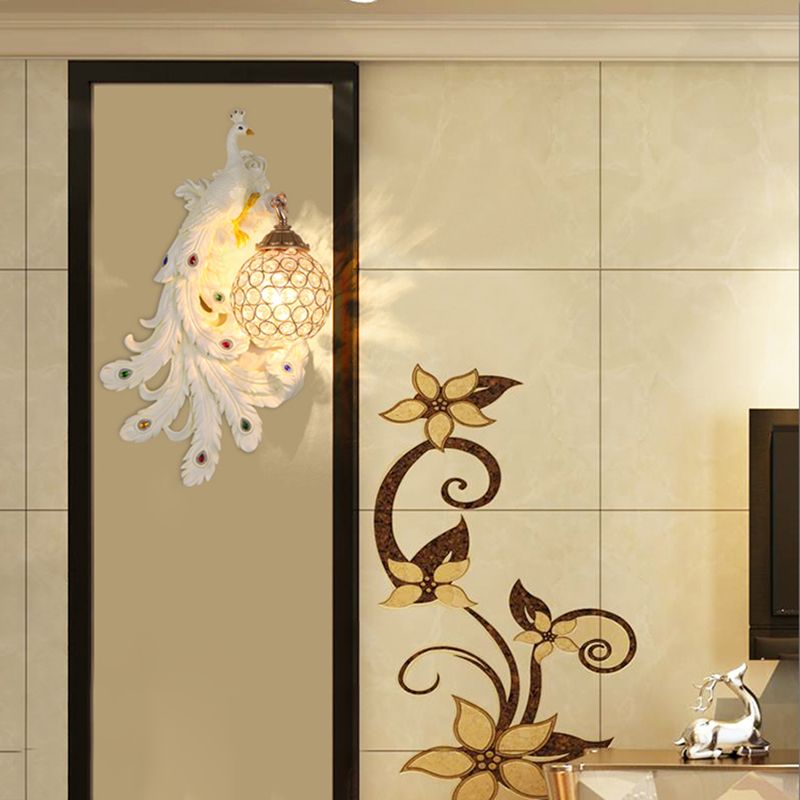 1 Light Blue/Gold Peacock Wall Lamp Country Resin 1/2-Pack Sconce Lighting with Crystal Globe Shade, Double/Right/Left