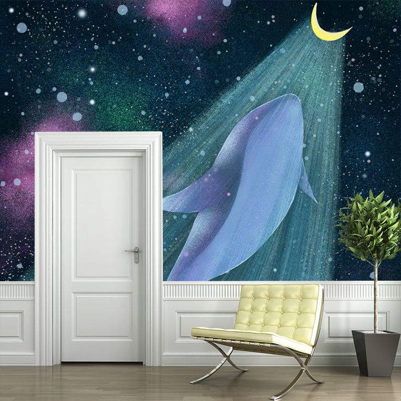 Cartoon Girls Mural Wallpaper with Whale Flying to the Moon Pattern Yellow-Blue Wall Covering