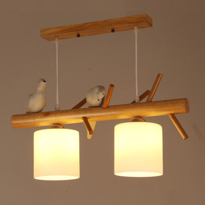 Opal Glass Cylinder Pendant Light Nordic Wood Island Light with Resin Bird Decor