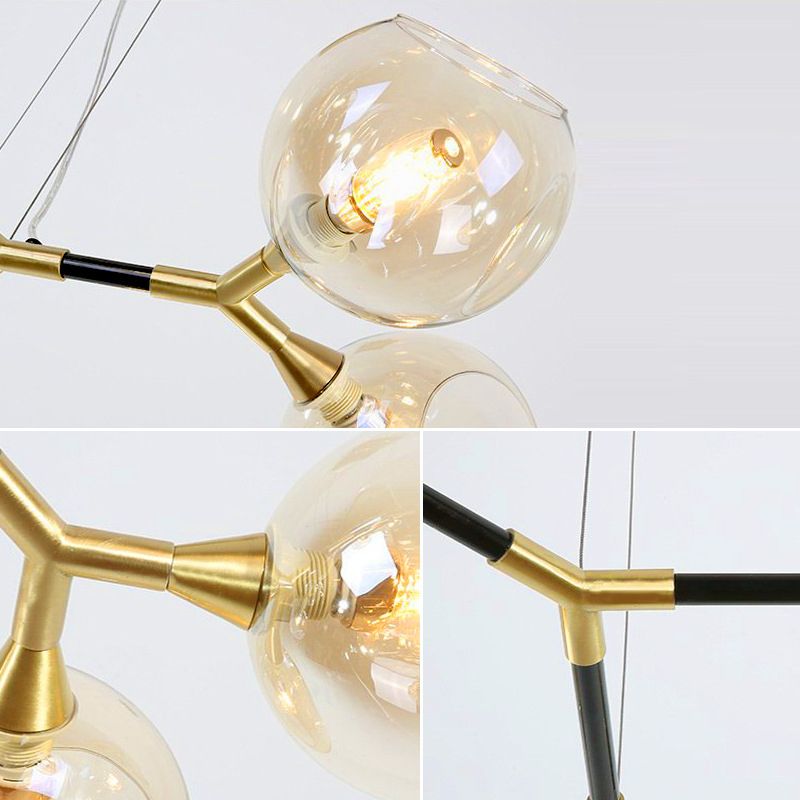 Branch Chandelier Pendant Lamp Modern Metal Multi Lights Brass Ceiling Hung Light with Amber Dimpled Blown Glass Ball Shade