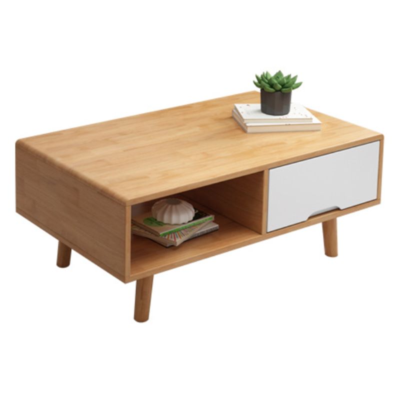 Scandinavian Rubberwood Coffee Table with 4 Straight Legs and Drawer